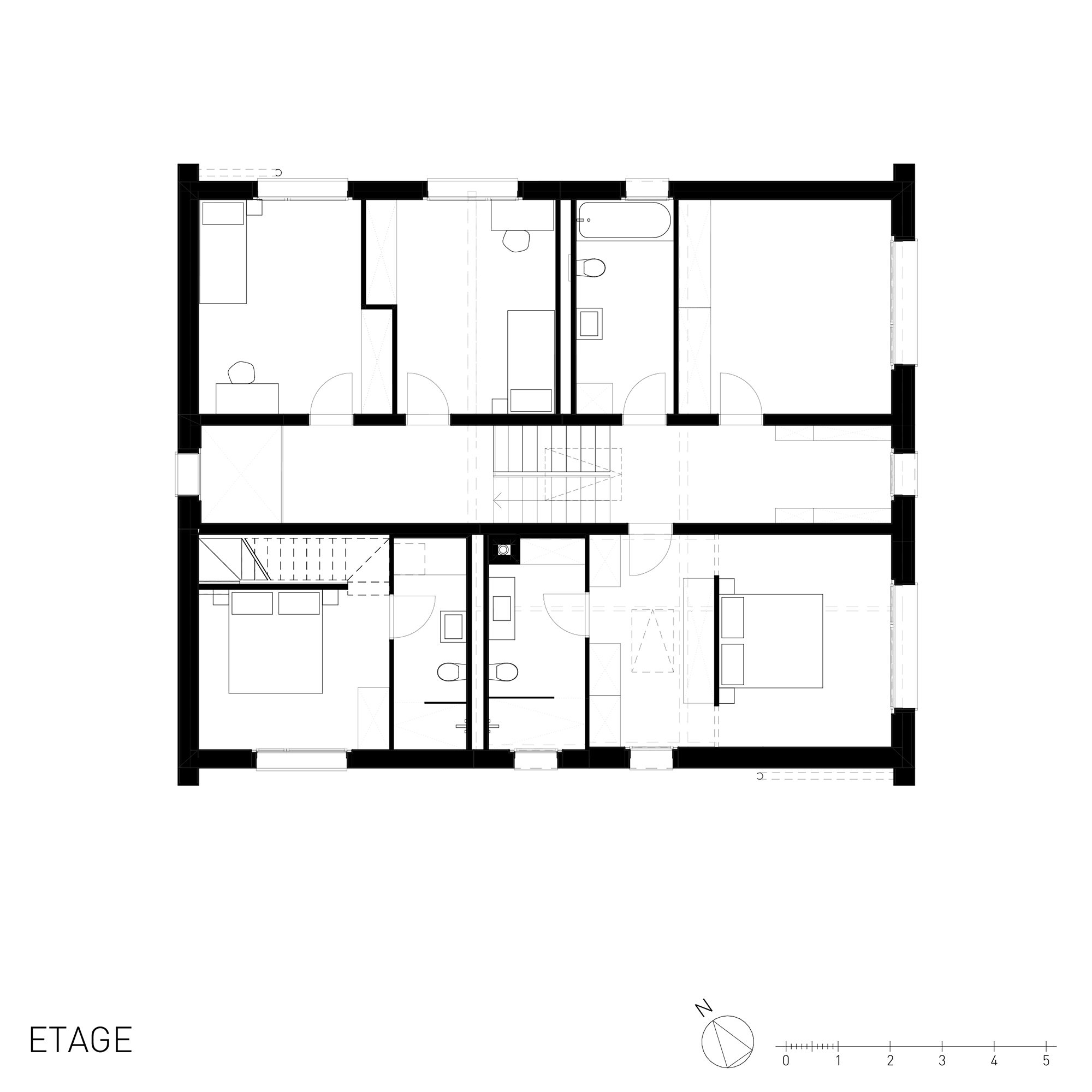 Plan étage villa familiale contemporaine au bord du lac Léman, distribution des chambres et salles d’eau, architecture Vaud