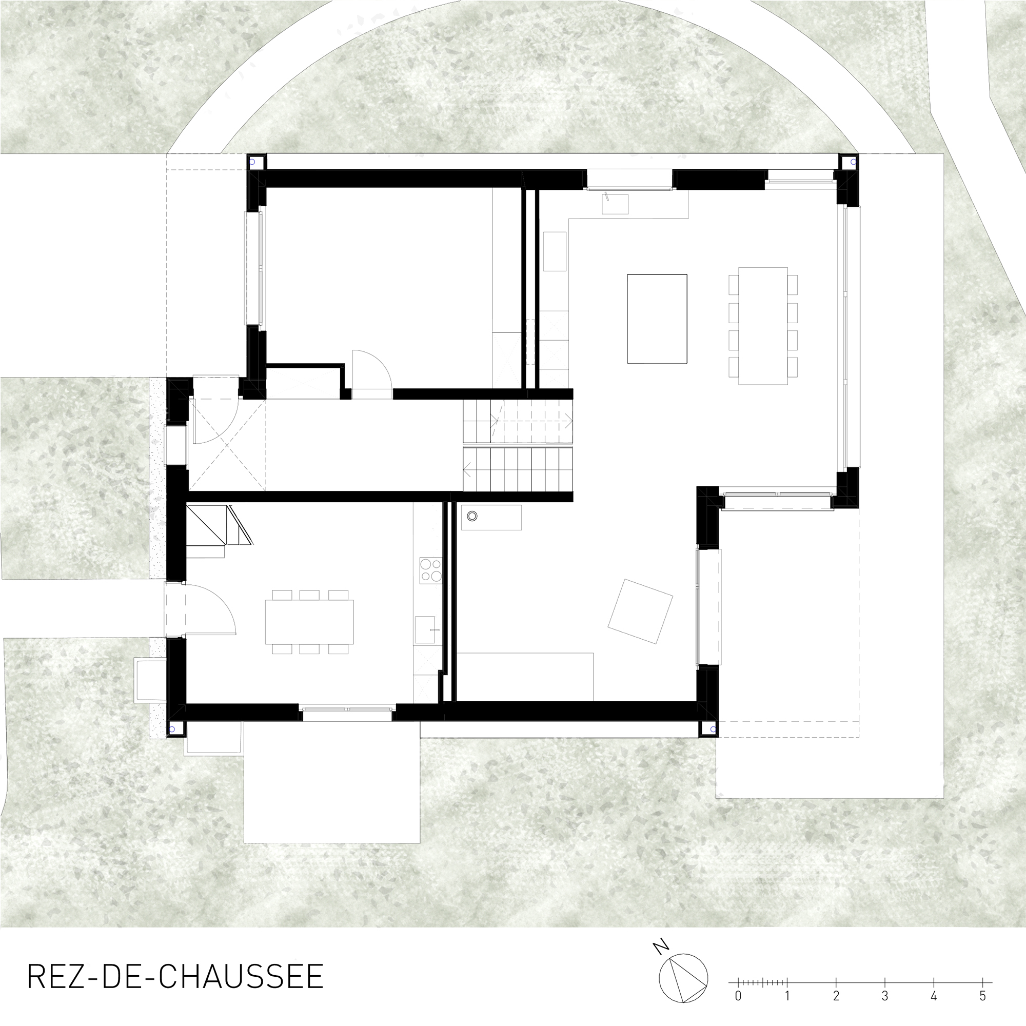 Plan rez-de-chaussée villa contemporaine au bord du Léman, espaces de vie ouverts, cuisine et séjour, architecture Vaud