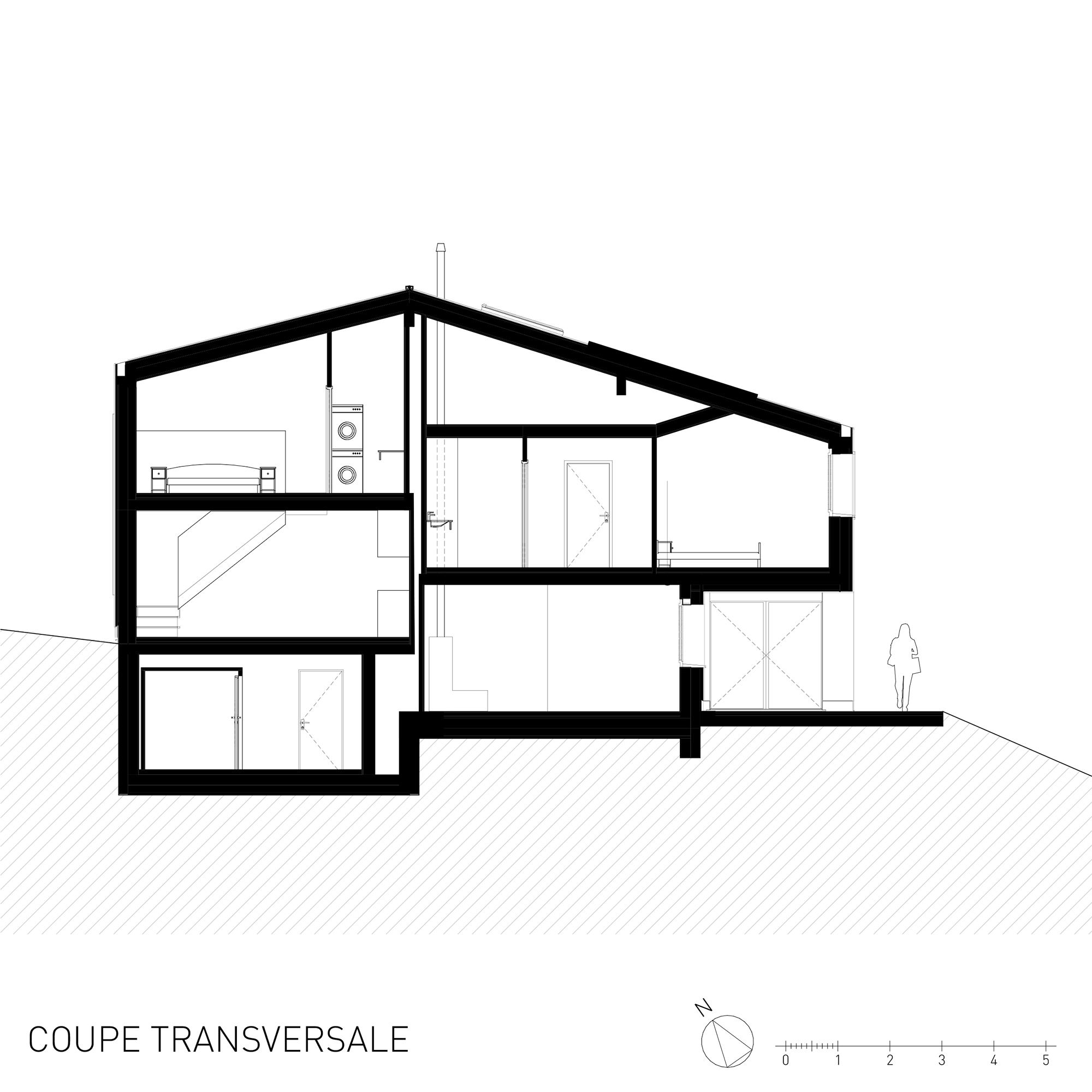 Coupe transversale villa contemporaine en pente, organisation des volumes et niveaux, architecture au bord du Léman
