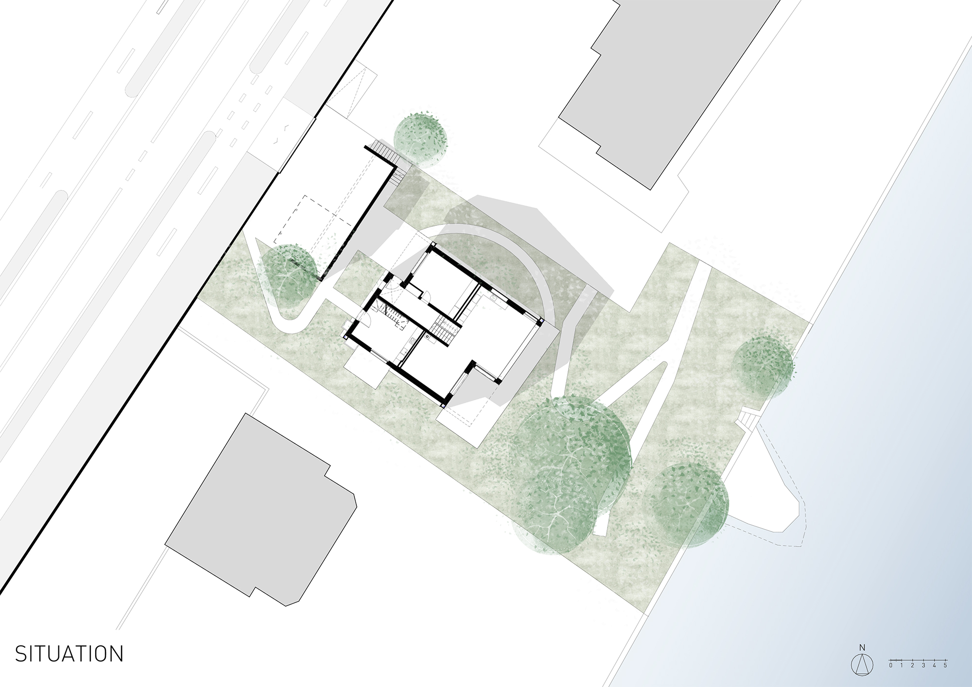 Plan de situation villa au bord du lac Léman, implantation sur la parcelle et aménagement extérieur, architecture Vaud