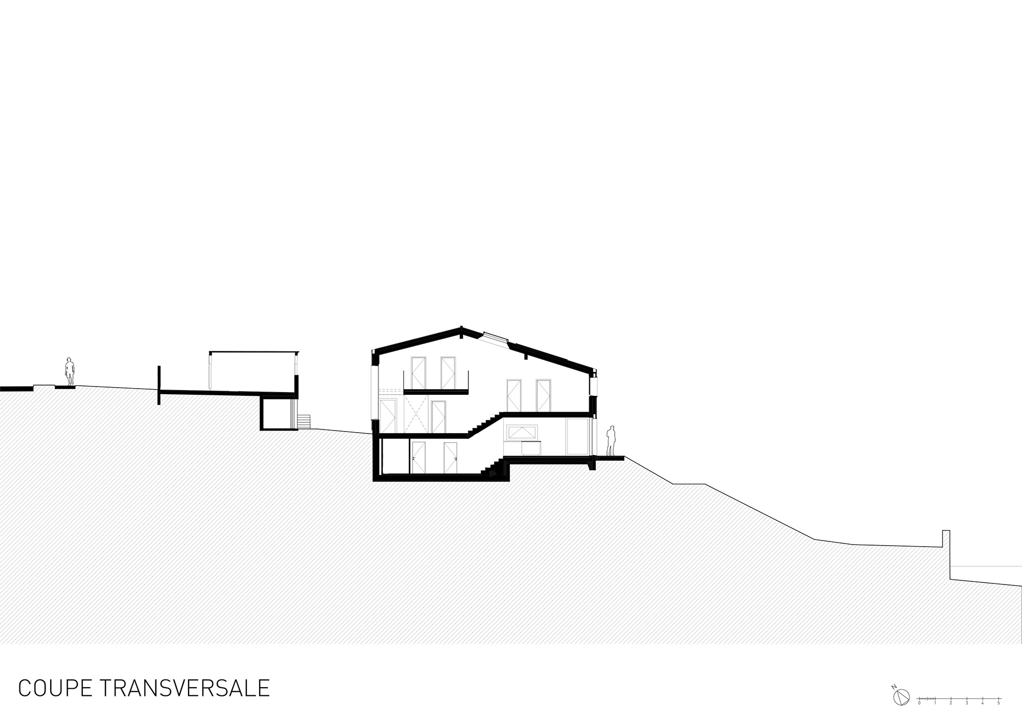 Coupe générale villa en terrain en pente au bord du Léman, relation au terrain et organisation des espaces