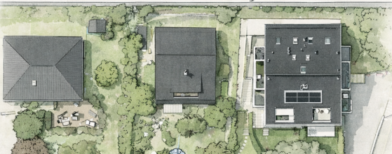 Plan de situation architectural d’une parcelle existante dans le canton de Vaud, montrant le bâtiment, les accès, les cheminements et l’organisation paysagère pensée en lien avec les usages futurs.